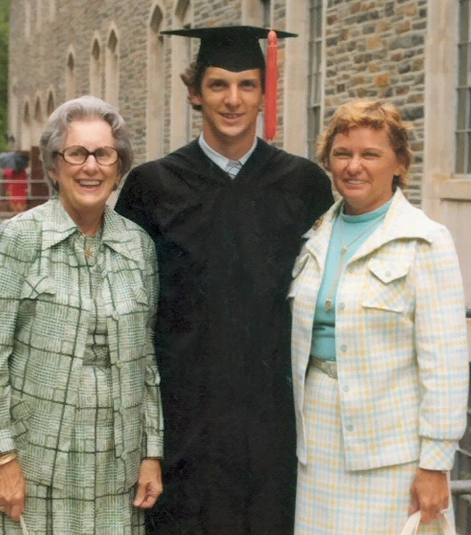 Dennis Wedgworth in his cap and gown with his mother and his grandmother, Ruth Wedgworth