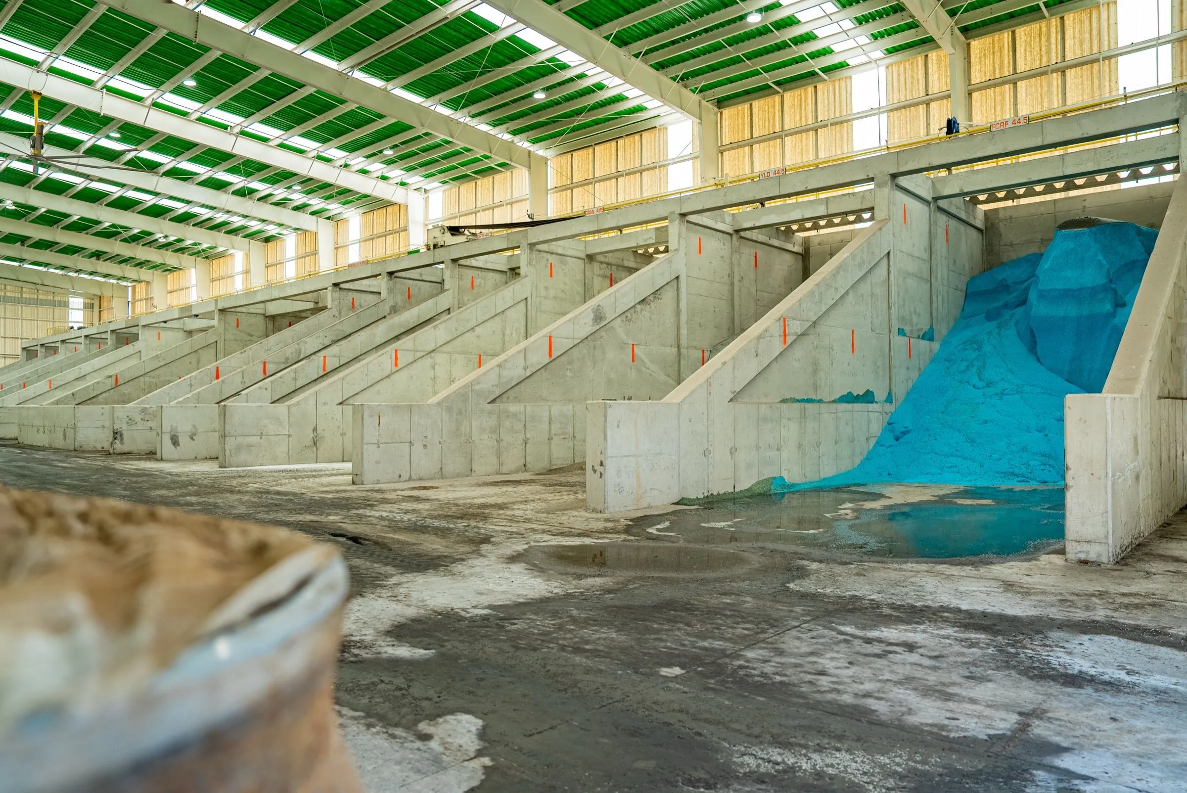 A bin of bright blue product inside the Moore Haven bag plant