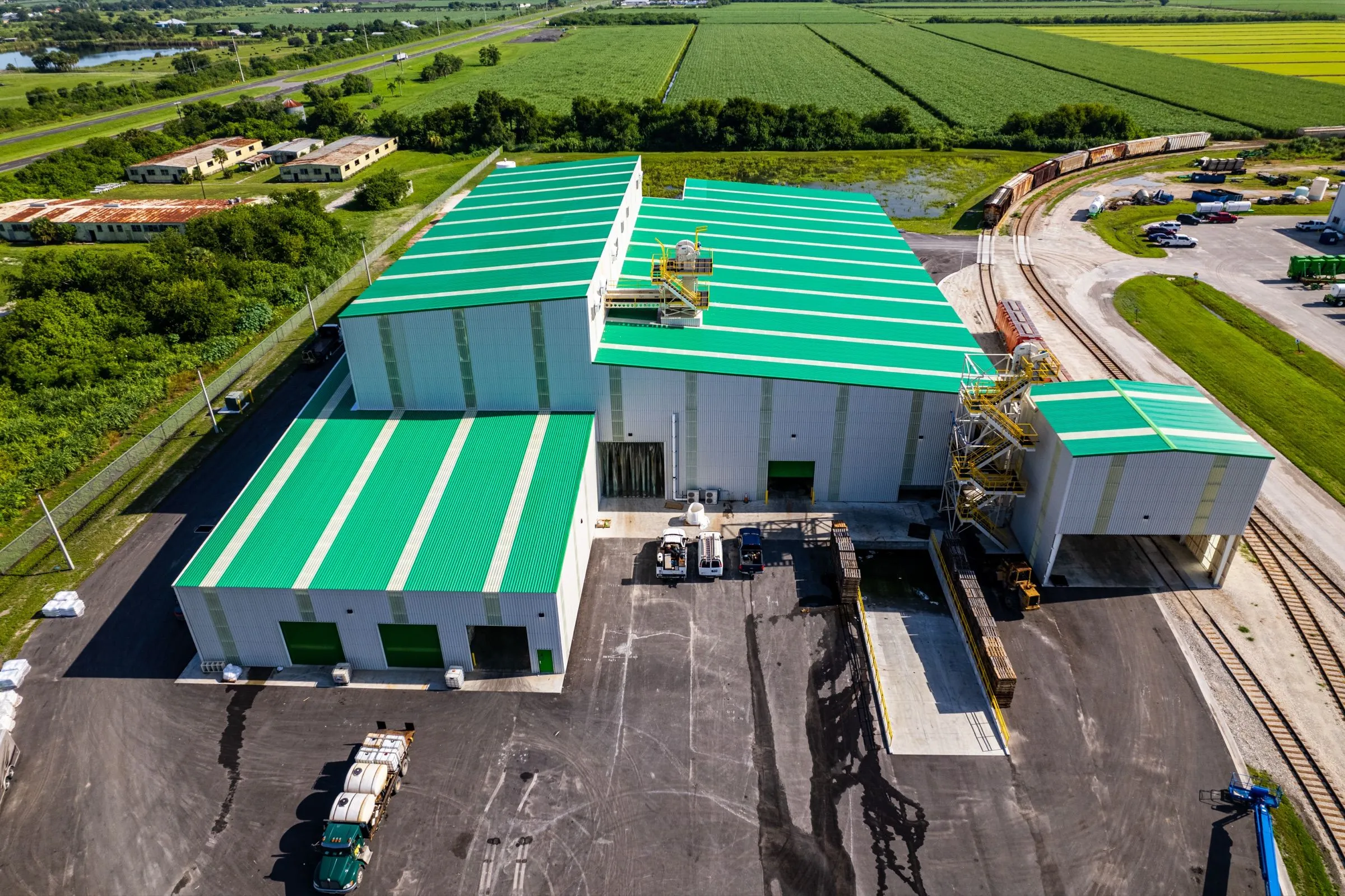 Aerial view of the Moore Haven bag plant and its green roofs